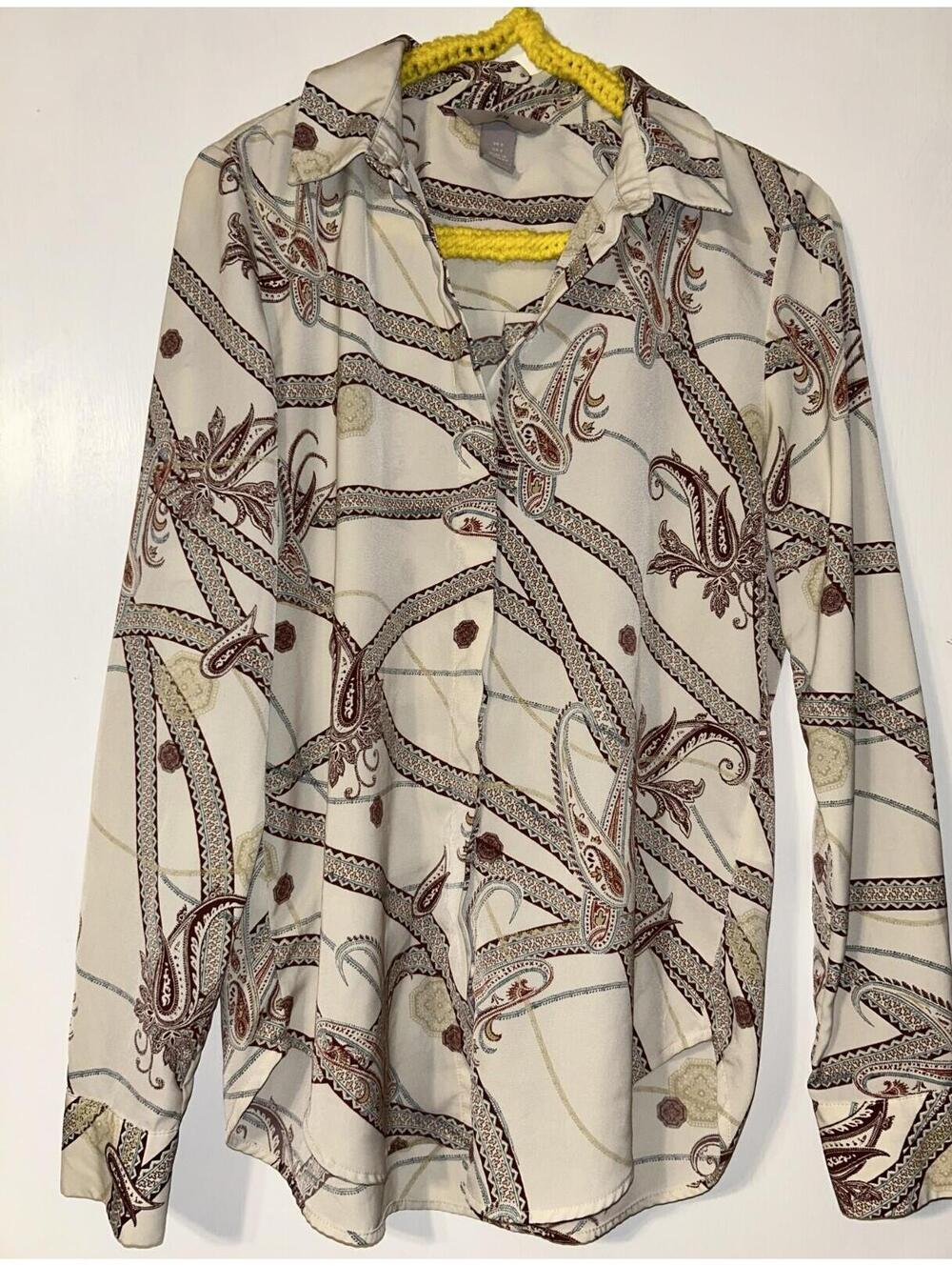 H&M Womens Paisley Scarf Print Button Down Blouse Cream Burgandy Blue size 0
